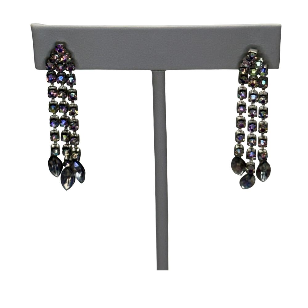 Gunmetal AB Rhinestone Waterfall Drop Earrings 3-Chain Cascade 2in - Picture 2 of 6